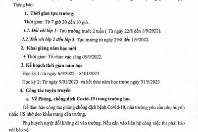 Thông báo lịch tựu trường năm học 2022-2023